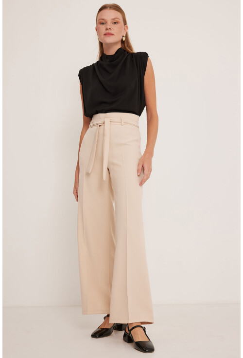 Womens Belted Wide Leg Palazzo Pants 6651