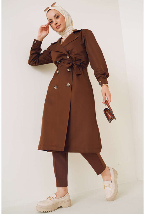 T5853 Double-Breasted Hijab Trench Coat