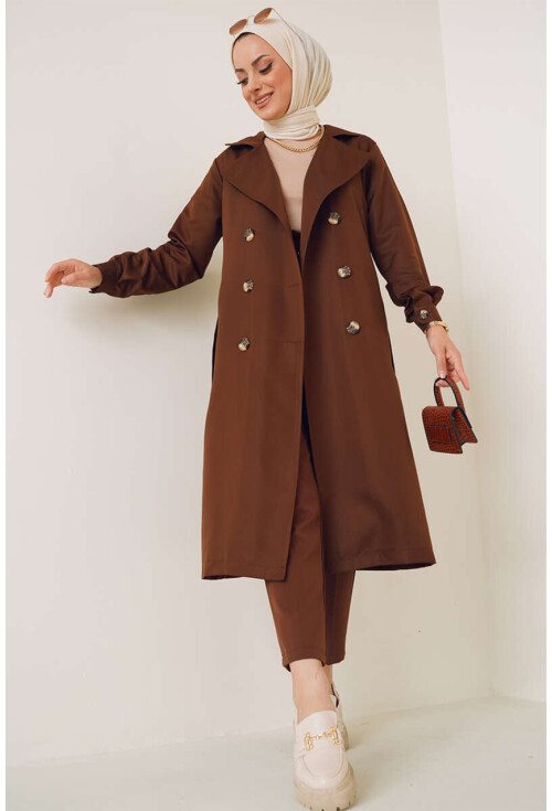 T5853 Double-Breasted Hijab Trench Coat