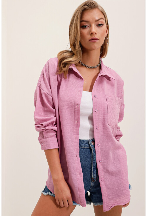 20153 Oversized Linen Shirt With Single Pocket