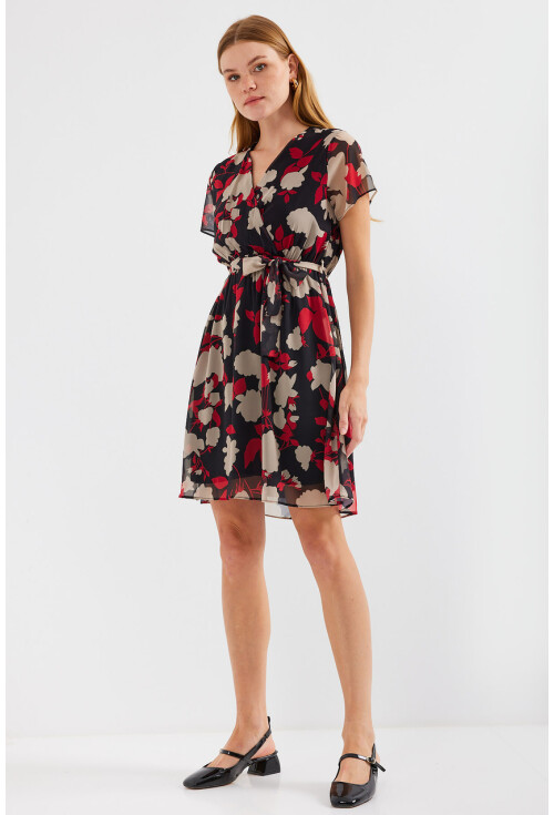 2502 Short Sleeve Patterned Chiffon Dress