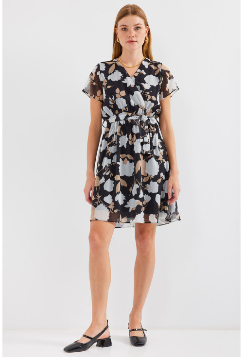 2502 Short Sleeve Patterned Chiffon Dress