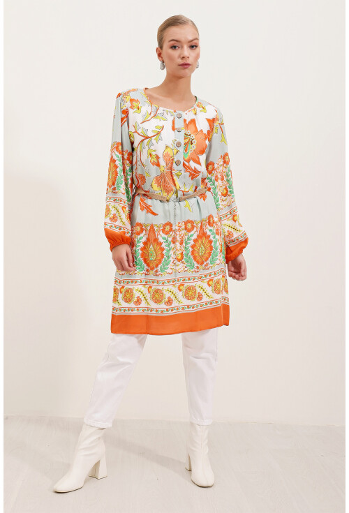 5902 Patterned Dress With Belt