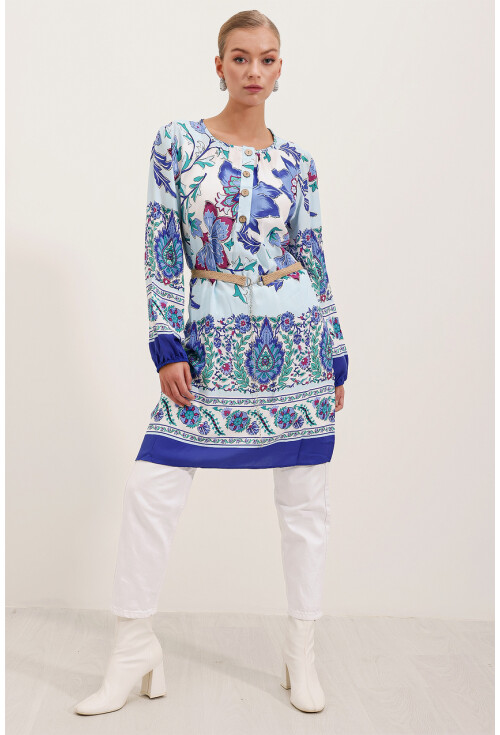 5902 Kemerli Desenli Elbise