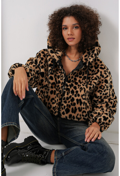 5193 Kapüşonlu Peluş Crop Ceket