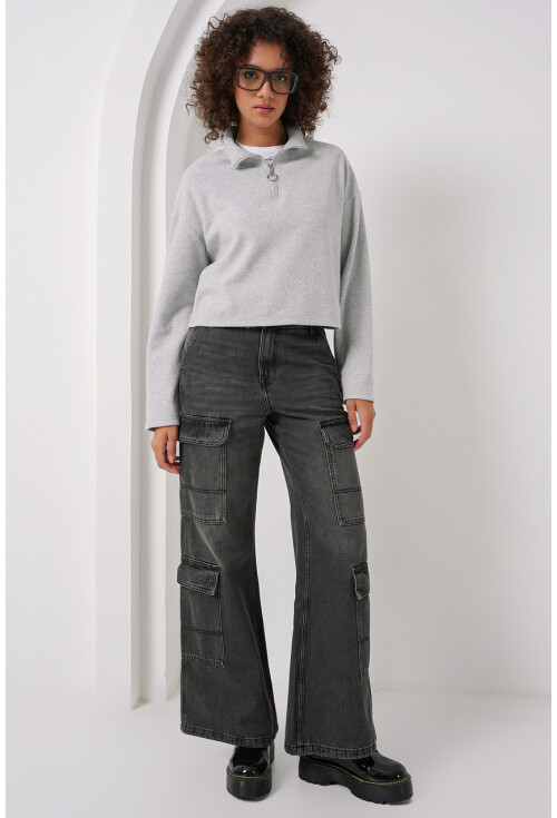 55449 Fermuarlı Yaka Örme Sweatshirt