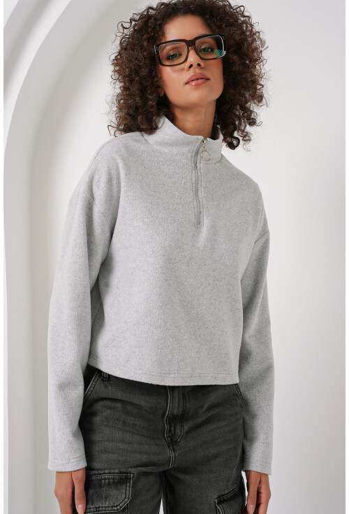 55449 Fermuarlı Yaka Örme Sweatshirt