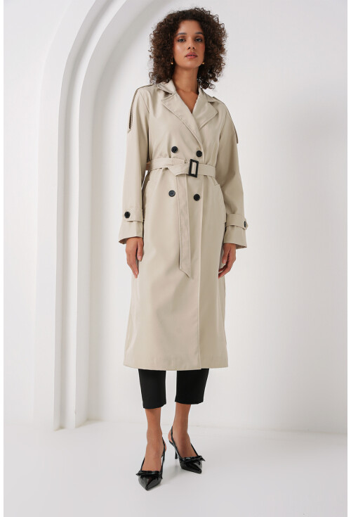 5941 Kruvaze Yaka Uzun Trençkot