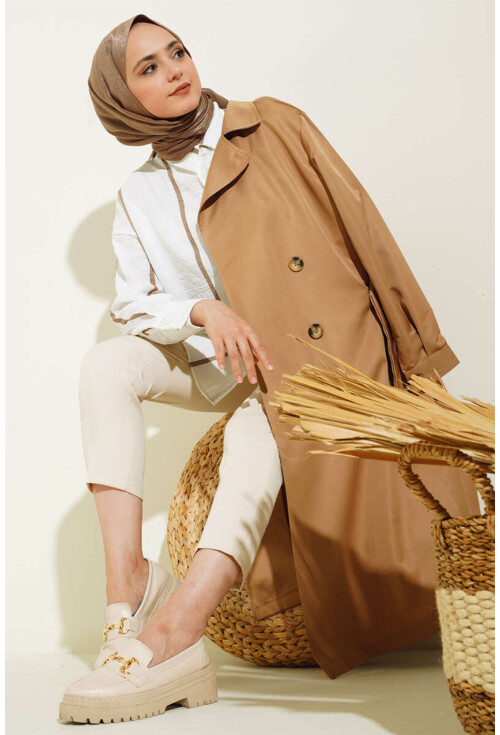 T5853 Double-Breasted Hijab Trench Coat