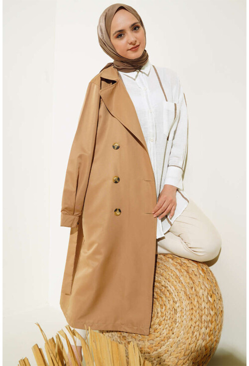 T5853 Double-Breasted Hijab Trench Coat