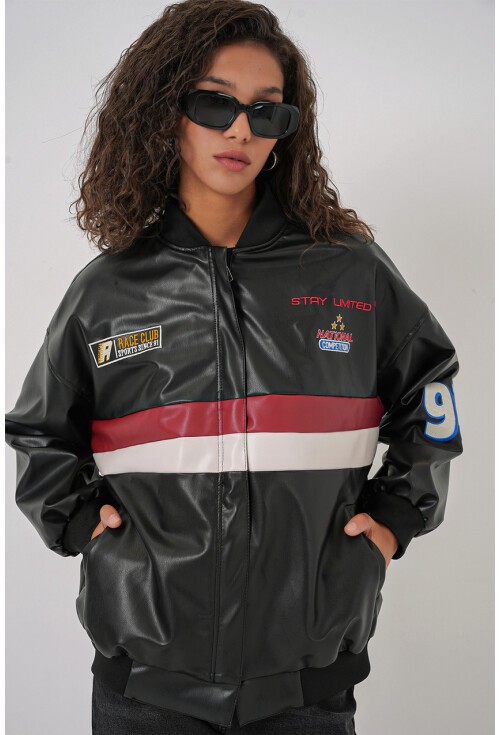 0698 Baskılı Suni Deri Bomber Ceket