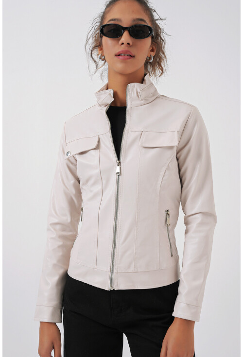 1024 High Collar Leather Coat