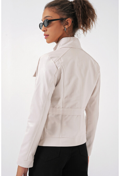 1024 High Collar Leather Coat
