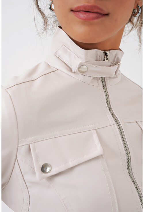 1024 High Collar Leather Coat