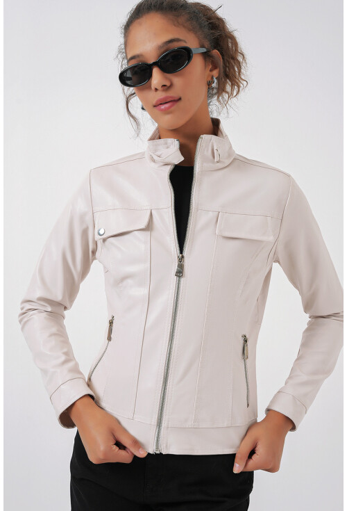1024 High Collar Leather Coat