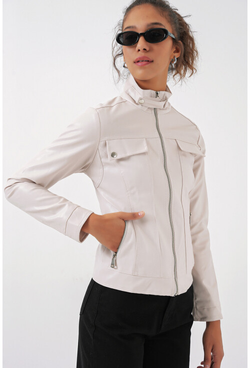1024 High Collar Leather Coat