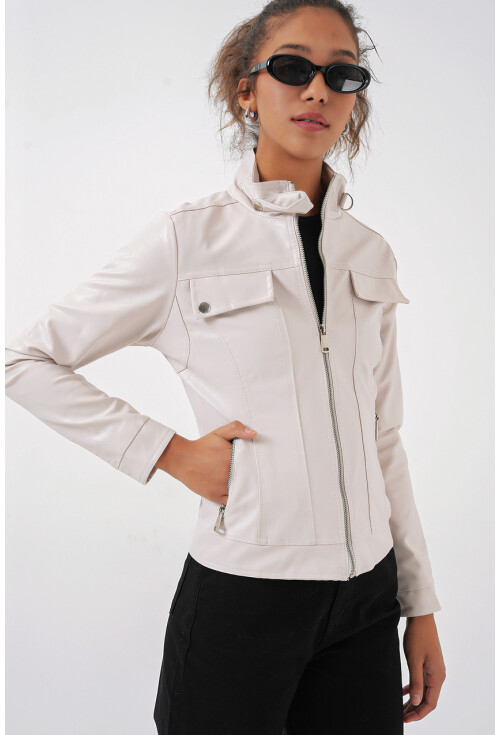 1024 High Collar Leather Coat