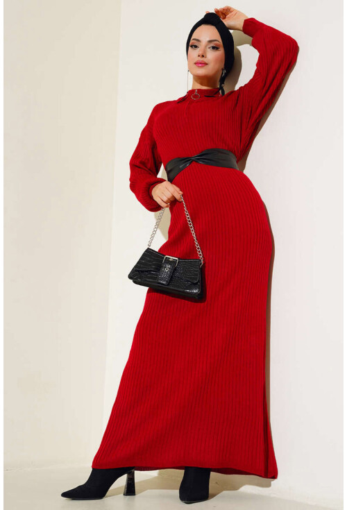 15900 Boydan Triko Elbise - Kırmızı