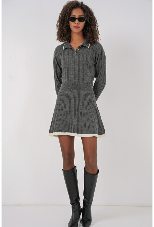 15907 Kadın Polo Yaka Kazak Etek Triko İkili Takım