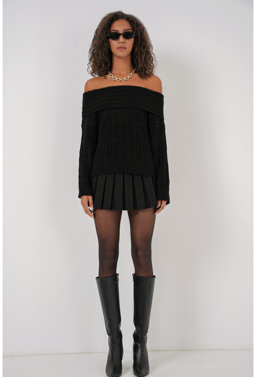 15908 Kadın Açık Omuz Oversize Triko Kazak