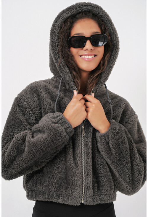 5193 Kapüşonlu Peluş Crop Ceket