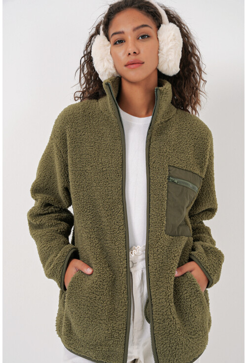 55455 Kadın Fermuarlı Oversize Peluş Ceket