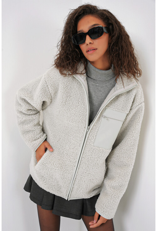55455 Kadın Fermuarlı Oversize Peluş Ceket