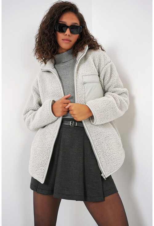 55455 Kadın Fermuarlı Oversize Peluş Ceket