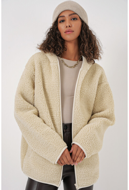 55456 Kadın Kapüşonlu Oversize Peluş Ceket