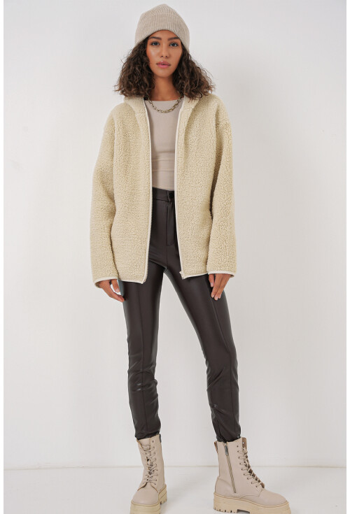 55456 Kadın Kapüşonlu Oversize Peluş Ceket