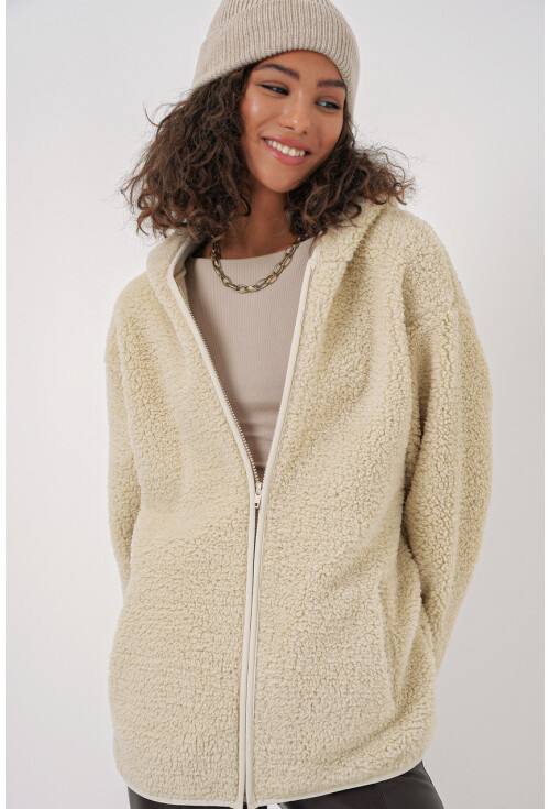 55456 Kadın Kapüşonlu Oversize Peluş Ceket