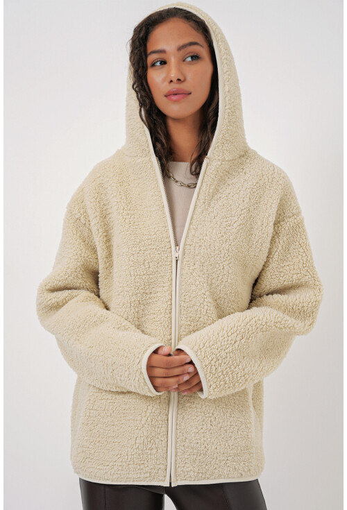 55456 Kadın Kapüşonlu Oversize Peluş Ceket