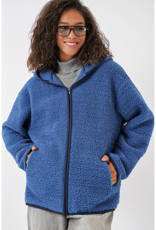 55456 Kadın Kapüşonlu Oversize Peluş Ceket