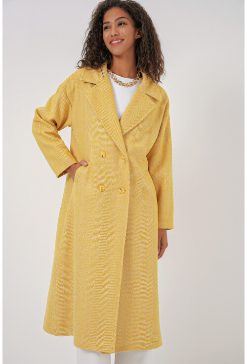 9113 Oversize Geniş Kesim Yünlü Uzun Kaşe Kaban