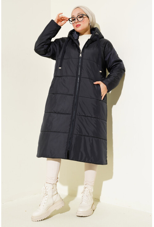 T5120 Kapşonlu Uzun Şişme Tesettür Mont