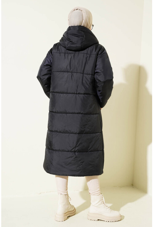 T5120 Kapşonlu Uzun Şişme Tesettür Mont