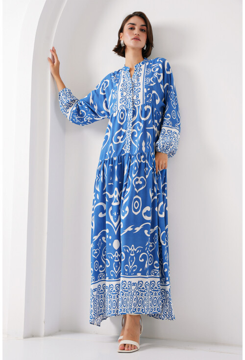 2423 Otantik Desenli Elbise - B. İndigo