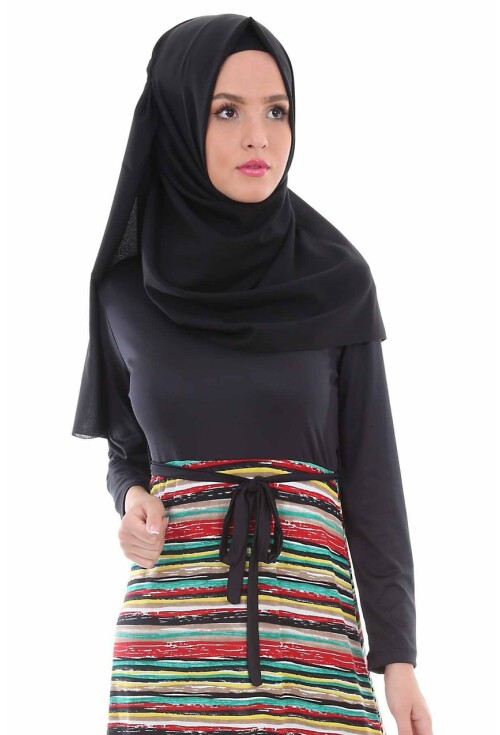 1567 Beli Kuşaklı Bisiklet Yaka Tesettür Elbise