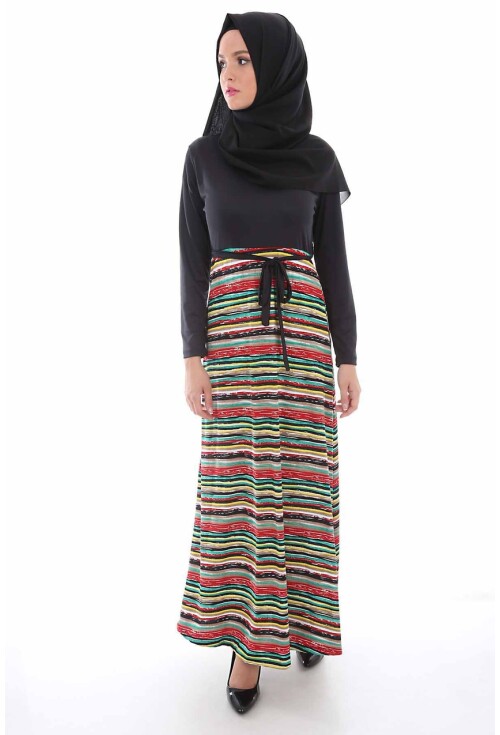 1567 Beli Kuşaklı Bisiklet Yaka Tesettür Elbise