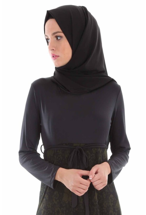 1567 Beli Kuşaklı Bisiklet Yaka Tesettür Elbise