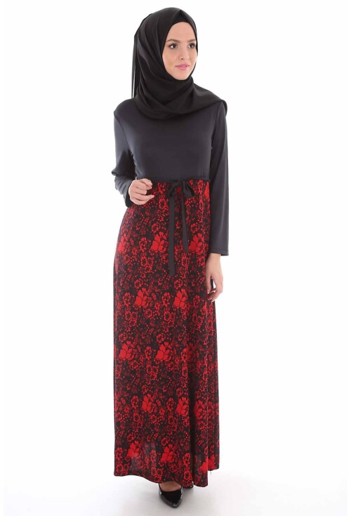 1567 Beli Kuşaklı Bisiklet Yaka Tesettür Elbise