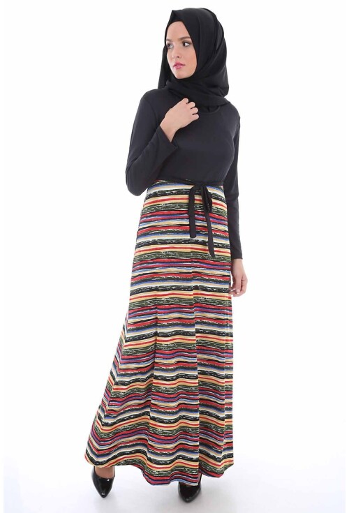 1567 Beli Kuşaklı Bisiklet Yaka Tesettür Elbise