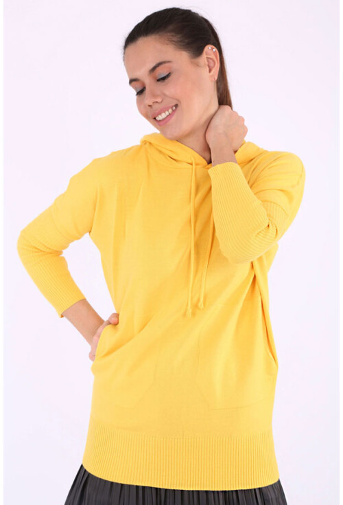 15688 Kapşonlu Cepli Triko Kazak