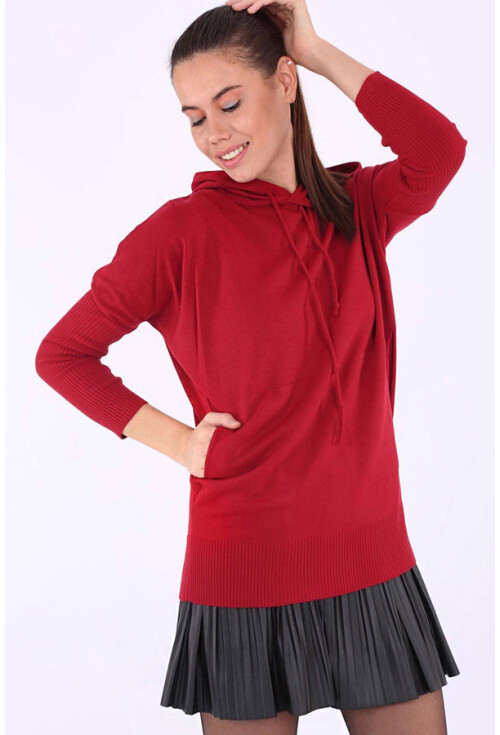 15688 Kapşonlu Cepli Triko Kazak