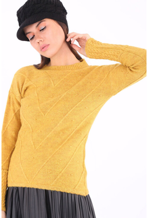 15706 Puantiyeli Kolları Saç Örgü Triko Kazak