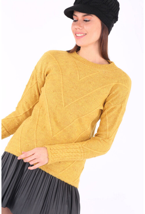 15706 Puantiyeli Kolları Saç Örgü Triko Kazak