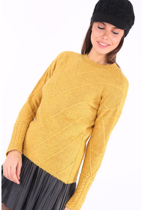 15706 Puantiyeli Kolları Saç Örgü Triko Kazak