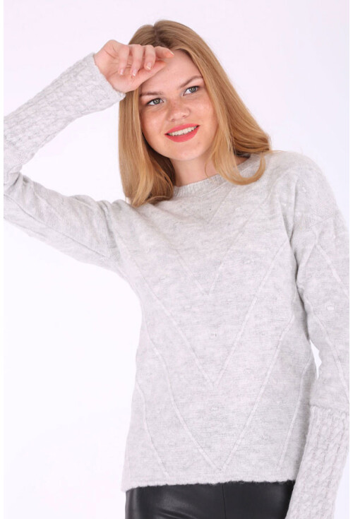 15706 Puantiyeli Kolları Saç Örgü Triko Kazak