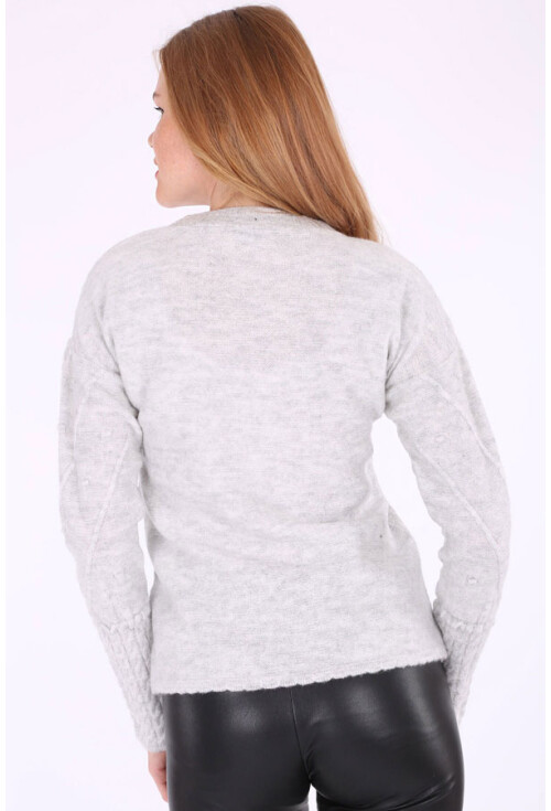 15706 Puantiyeli Kolları Saç Örgü Triko Kazak