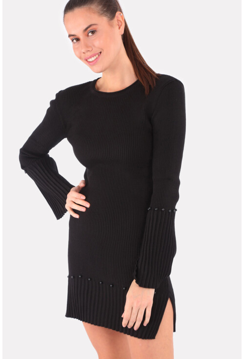 15714 Kol Ve Etek Ucu İnci Detaylı Triko Tunik